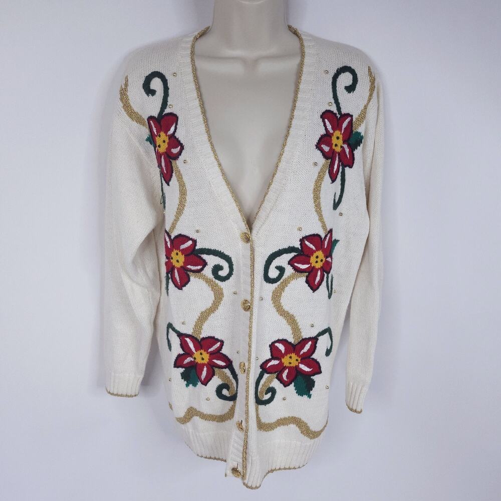 Vintage Laura Gayle Christmas Cardigan Womens M Beige Gold Red Poinsettia Knit